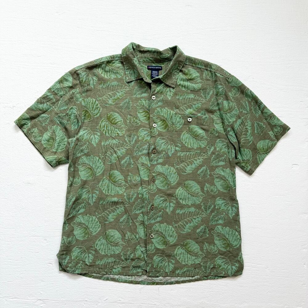 Knightsbridge Green Silk Leaf Print Button Up Shirt, Size Medium
